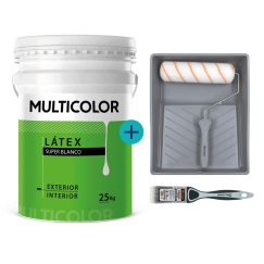 Kit05 - Látex Interior Exterior Multicolor Súper Blanco 25 Kg + Set Rodillo (12mm), Bandeja Rollingdog + Pincel (40mm) Rollingdog